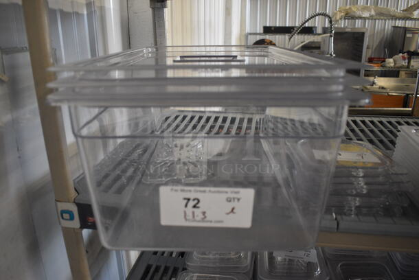 ALL ONE MONEY! Lot of Clear Poly Full Size Drop In Bin, 3 Lids, Poly Lid and 1/3 Size Straining Insert! Includes 1/1x8 - Image 1 of 5