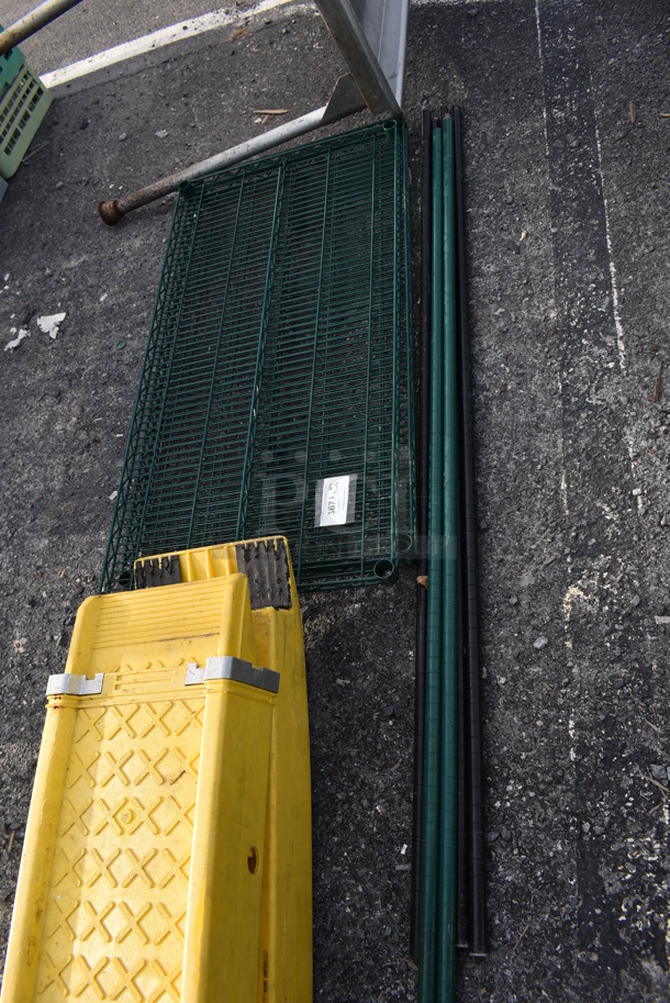 ALL ONE MONEY! Lot of 2 Green Finish Wire Shelves and 6 Poles. 48x24x1.5 - Image 2 of 5