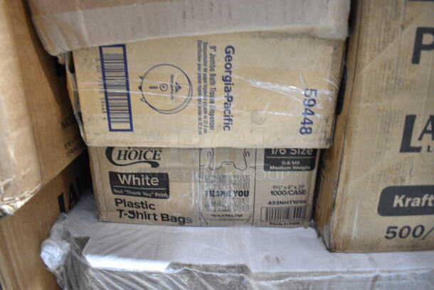 PALLET LOT of 35 BRAND NEW Boxes Including 2 Box 5001RT350N Lavex Natural Kraft Hardwound Paper Towel, 350 Feet / Roll - 12/Case, 3492424ANTWA Lancaster Table & Seating Square Industrial Solid Wood Live Edge Table Top with Antique Walnut Finish, Choice 9" x 6" x 3" Microwaveable 1-Compartment Black / Clear Plastic Hinged Container - 100/Case, C850 Sugar Sub Sitrrer, 395OP12 EcoChoice Compostable Sugarcane / Bagasse 10" x 12 1/2" Oval Platter - 500/Case, 128HD8BULK ChoiceHD 8 oz. Microwavable Translucent Plastic Deli Container - 480/Case, 394345XL Noble NexGen Powder-Free Disposable Black Hybrid 3 Mil Thick Gloves - Extra Large - 1000/Case, 433NHT101H Choice 1/6 Standard Size White "Thank You" Medium-Duty Plastic T-Shirt Bag - 1000/Case, 59448 Georgia Pacific Jumbo Bath Tissue Dispenser, 50010WRAPRIP Lavex 10 oz. Kraft Ripple Individually Wrapped Paper Hot Cup - 500/Case, 2 Box 395TO961PF EcoChoice 9" x 6" x 3" No PFAS Added Natural Bagasse Blend Take-Out Container - 200/Case, Fineline 15234M-FL Super Bowl Plus Clear Flat PET Plastic Lid for 24, 32, and 48 oz. Square Bowls - 300/Case, 351302090155 Cooking Performance Group 351302090155 4 3/4" Plate Caster with Brake for S24, S36, and S60 Series, 351302090156 Cooking Performance Group 351302090156 4 3/4" Plate Caster for S24, S36, and S60 Series, Choice Film and Foil Dispenser Cutter, 190FSL34 7 3/4" Floor Drain Strainer with 3/4" Depth, 600UDT2442 Regency 42" x 21" Stainless Steel Dish Table Undershelf for 4' Dish Tables. 35 Times Your Bid! - Image 12 of 12