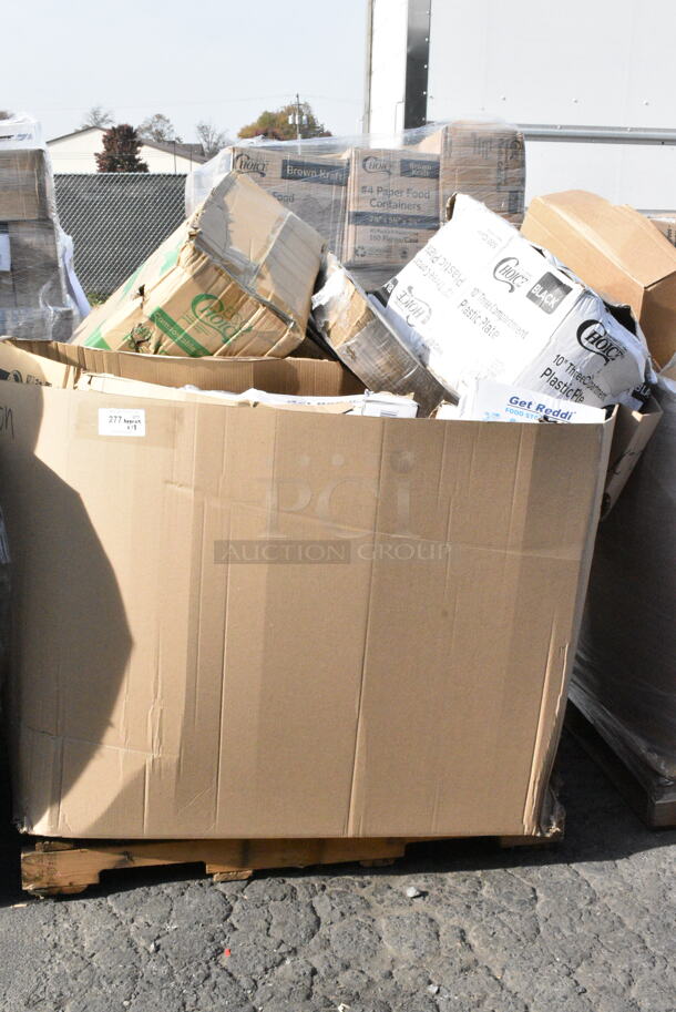 18 BRAND NEW Boxes Including Get Reddi Food Storage Bags, Choice 10" Three Compartment Plastic Plate, 795PLAKFT8 EcoChoice Kraft PLA Lined Compostable #8 Take-Out Container 6" x 4 3/4" x 2 1/2" - 300/Case. 18 Times Your Bid!  - Image 1 of 5