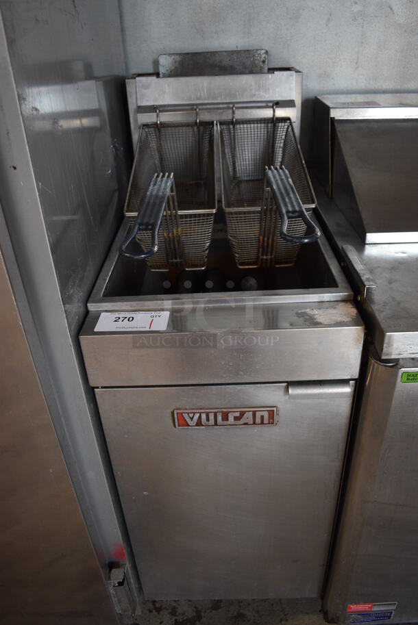 Vulcan Model LG300 Stainless Steel Commercial Floor Style Natural Gas Powered Deep Fat Fryer w/ 2 Metal Fry Baskets. 15.5x30x47