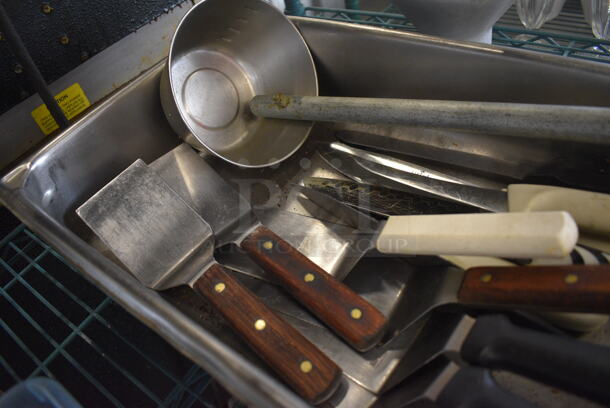 ALL ONE MONEY! Lot of Various Utensils Including Knives, Spatula and Ladle in Stainless Steel Full Size Drop In Bin! - Image 3 of 4