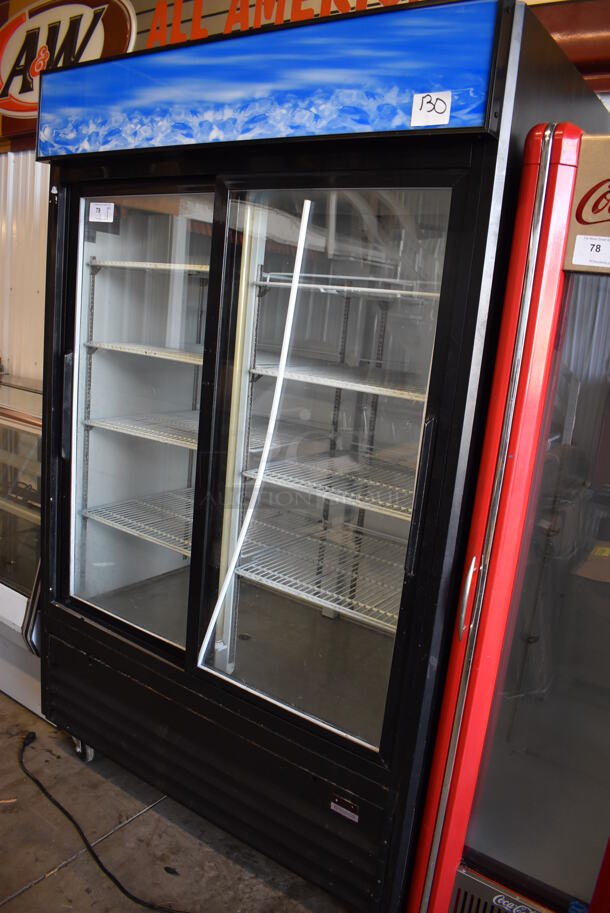 Chef AAA G1.2YBM2F Metal Commercial 2 Door Reach In Cooler Merchandiser w/ Poly Coated Racks on Commercial Casters. 115 Volts, 1 Phase. 52x30x83. Tested and Working! - Image 2 of 5