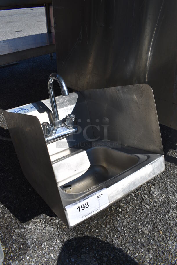 Stainless Steel Single Bay Wall Mount Sink w/ Faucet, Handles and Side Splash Guards. 12x16x18 - Image 2 of 4