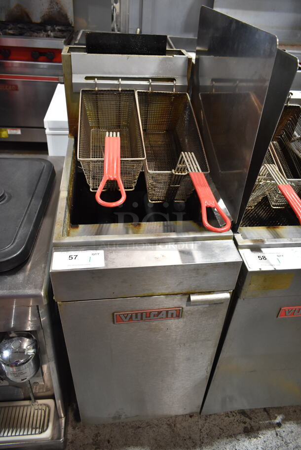 Vulcan LG300 Stainless Steel Commercial Floor Style Natural Gas Powered Deep Fat Fryer w/ 2 Metal Fry Baskets and Right Side Splash Guard on Commercial Casters. 90,000 BTU.  - Image 1 of 5