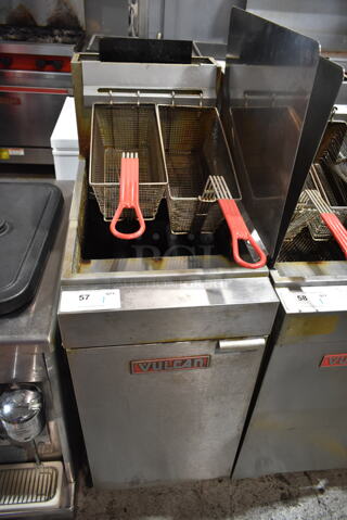 Vulcan LG300 Stainless Steel Commercial Floor Style Natural Gas Powered Deep Fat Fryer w/ 2 Metal Fry Baskets and Right Side Splash Guard on Commercial Casters. 90,000 BTU. 