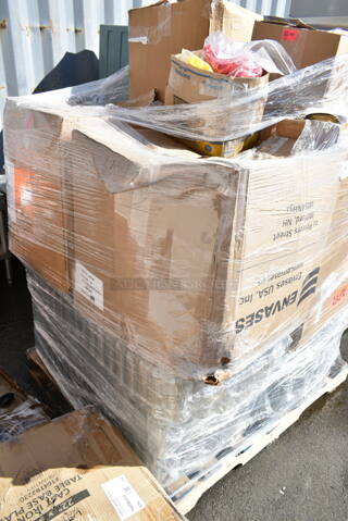PALLET LOT of BRAND NEW Items Including Plastic Mesh Bags, Condiment Bottle Lids and Poly Bottles