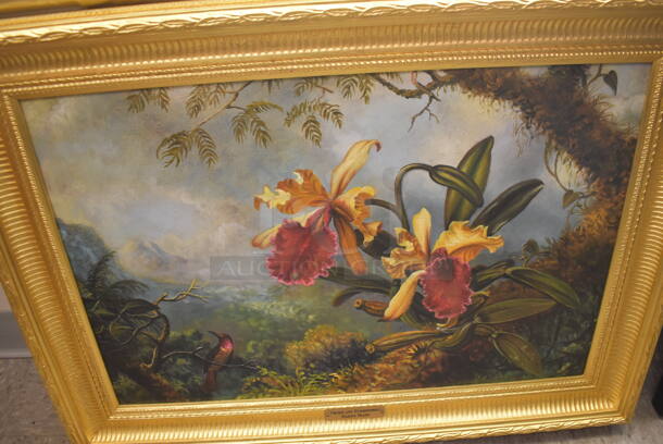 Framed Canvas Painting Reproduction of Orchid and Hummingbird by Martin Heade From Art Dealer Ed Mero! - Image 3 of 7