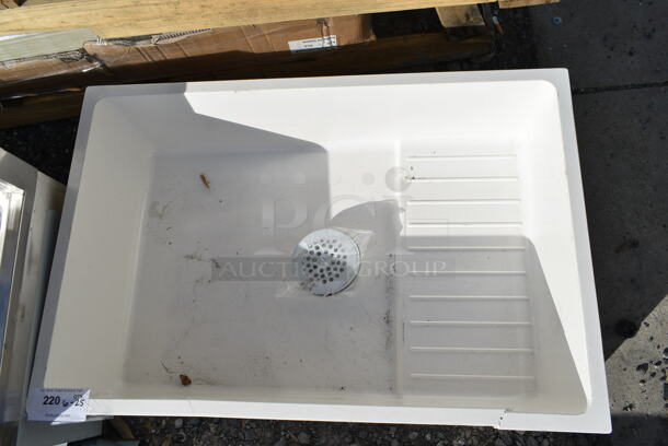BRAND NEW SCRATCH AND DENT! Zurn Elkay Z1996-36-AW White Composite Mop Sink with Drain Shelf - 36" x 24" x 10". See Pictures For Crack.  - Image 3 of 5