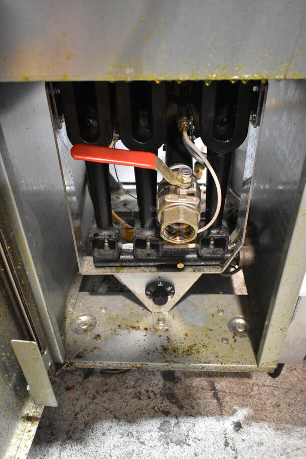 Vulcan LG300-1 Stainless Steel Commercial Floor Style Natural Gas Powered Deep Fat Fryer w/ 2 Metal Fry Baskets and Left Side Splash Guard on Commercial Casters. 90,000 BTU.  - Image 4 of 5