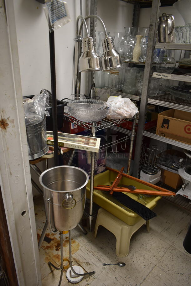 ALL ONE MONEY! ROOM LOT of Various items Including Shelving Units and Contents Including Warming Lamps, Ice Bucket, Vases. BUYER MUST REMOVE. (dish room) - Image 2 of 7