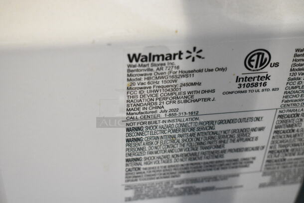 Walmart HBCMWG16S2WS11 Countertop Microwave Oven. 120 Volts, 1 Phase.  - Image 4 of 5