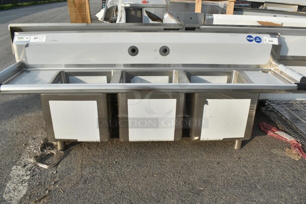 BRAND NEW SCRATCH AND DENT! Regency 600S31416212 70" 16 Gauge Stainless Steel Three Compartment Sink with Galvanized Steel Legs and Two Drainboards - 14" x 16" x 12" Bowls - Image 3 of 9