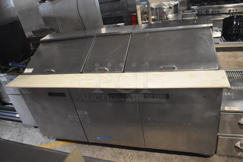 Delfield 4472N-3DM Commercial Stainless Steel Three Door Sandwich/Salad Prep Refrigerator Station on Commercial Casters. 115V/1 Phase. Can't Test Due To Cut Cord