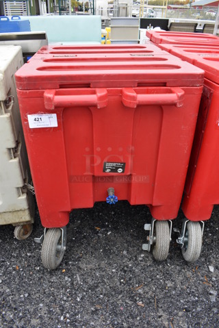 Iowa Rotocast IRP-2000 Red Poly Insulated Transport Ice Bins on Casters. 27x37x38