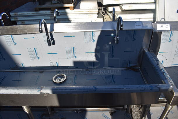 BRAND NEW SCRATCH AND DENT! Advance Tabco FS-FMM-100FV Stainless Steel 16 Gauge Multi Station Hand Sink w/ 5 Faucets, 5 Foot Pedals and Under Shelf. 100x18.5x44 - Image 5 of 8
