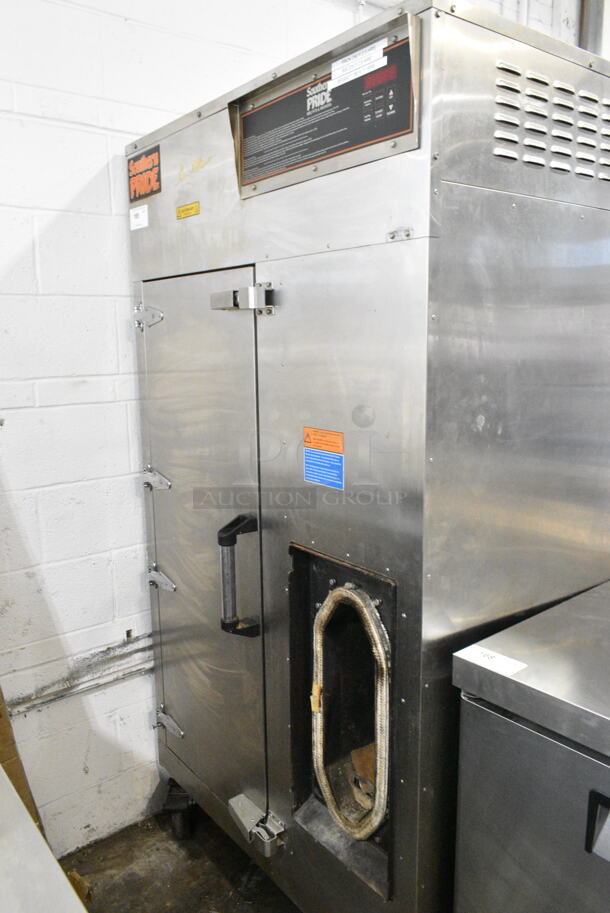 2019 Southern Pride SRG-400 Stainless Steel Commercial Floor Style Natural Gas Powered Smoker on Commercial Casters. 65,000 BTU.  - Image 1 of 10