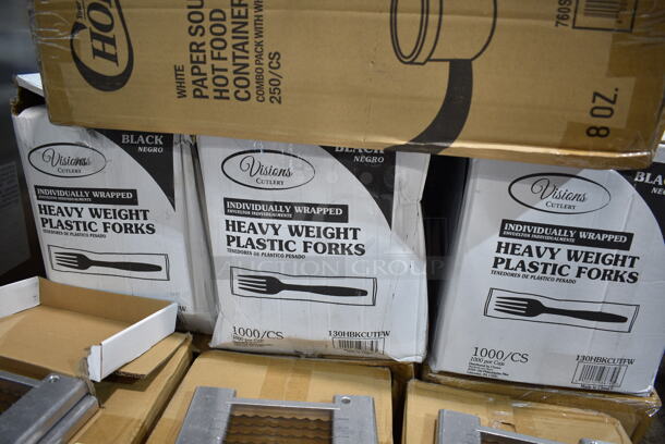 PALLET LOT of 26 BRAND NEW Boxes Including 61260507 Choice Full Size Foil Steam Table Pan Deep 3 3/8" Depth - Full Size Deep - 50/Case, 500TW12 Choice 12 oz. Translucent Thin Wall Plastic Cold Cup - 1000/Case, 760SOUP8WPA Choice 8 oz. White Double Poly-Coated Paper Food Cup with Vented Paper Lid - 250/Case, 7 Box 130HBKCUTFW Visions Individually Wrapped Black Heavy Weight Plastic Fork - 1000/Case, 2 Box 500CC20 Choice Clear PET Customizable Plastic Cold Cup - 20 oz. - 600/Case, Dart Y16T Conex Galaxy 16 oz. Translucent Tall Plastic Cold Cup - 1000/Case, 2 Box 612527L Choice 7" Round Foil-Laminated Board Lid - 500/Case, Dart 85HT1R 8" x 8" x 3" White Foam Square Take Out Container with Perforated Hinged Lid - 200/Case. 26 Times Your Bid! - Image 4 of 12