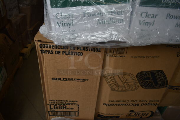 PALLET LOT of 29 BRAND NEW Boxes Including 4 Boxes 394325XL Noble NexGen Powder-Free Disposable Blue Hybrid 3 Mil Thick Gloves - Extra Large - 1000/Case, 2 Box 500MF883W1C Choice 8" x 8" 1-Compartment Microwaveable White Mineral-Filled Plastic Hinged Take-Out Container - 150/Case, LG8R Solo Cup, 500TO993C3 Choice 9" x 9" x 3" Microwaveable 3-Compartment Black / Clear Plastic Hinged Container - 100/Case, 4 Box 129MCR32B Choice 32 oz. Black Round Microwavable Heavy Weight Container with Lid 7 1/4" - 150/Case, 395TO991 EcoChoice 9" x 9" x 3" Compostable Sugarcane / Bagasse 1 Compartment Take-Out Box - 200/Case, 2 Box 5013858 Lavex Li'l Herc 55-60 Gallon 1.2 Mil 38" x 58" Low Density Medium-Duty Black Trash Bag / Can Liner - 100/Case, 245CPB10 Choice 10" x 10" x 2" Kraft Corrugated Pizza Box - 50/Case, 12" Corrugated White Circles, 50020CAFE Choice 20 oz. Café Print Poly Paper Hot Cup - 600/Case. 29 Times Your Bid!  - Image 5 of 12