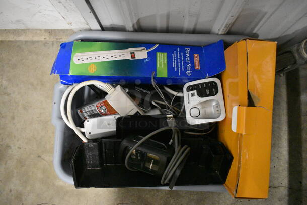 ALL ONE MONEY! Lot of Various Items Including Power Strip in Gray Bus Bin! 21x15x5 - Image 2 of 3