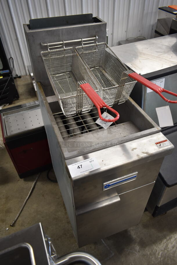 2021 Standard Range SR-F4-LP Stainless Steel Commercial Floor Style Propane Gas Powered Deep Fat Fryer w/ 2 Metal Fry Baskets. 120,000 BTU.  - Image 2 of 6