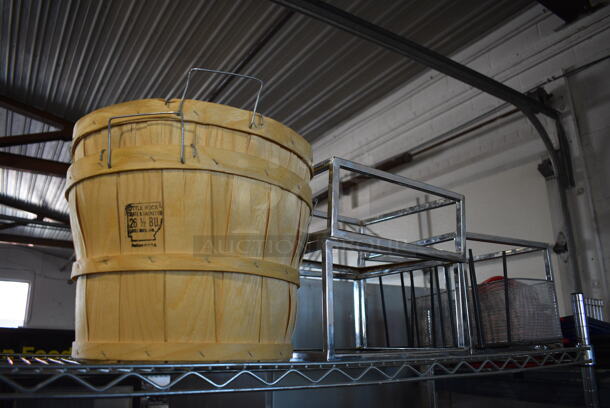 ALL ONE MONEY! Tier Lot of Various Items Including Wooden Bucket and Metal Risers - Image 1 of 4