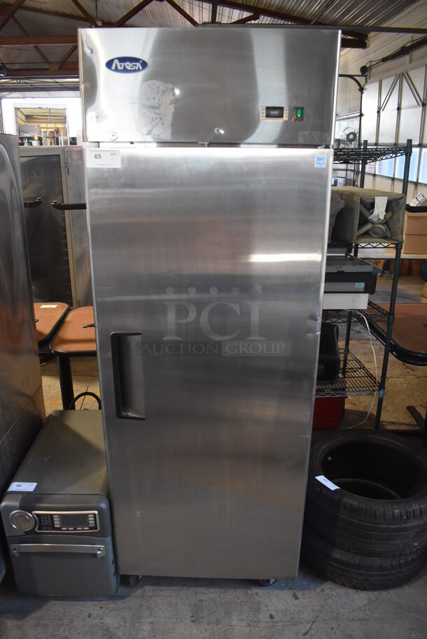 BRAND NEW SCRATCH AND DENT! 2019 Atosa MBF8001GR Stainless Steel Commercial Single Door Reach In Freezer on Commercial Casters. 115 Volts, 1 Phase. 29x32x81.5. Tested and Powers On But Does Not Get Cold - Image 1 of 6