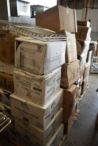 PALLET LOT of 27 BRAND NEW Boxes Including 130HCLCUTFW Visions Individually Wrapped Clear Heavy Weight Plastic Fork - 1000/case, 5005DNAPFLTE Choice White Linen-Feel Flat - Packed Dinner Napkin, 3 Box 5002TPJPREM Lavex Premium 2-Ply Jumbo 720' Toilet Paper Roll with 9" Diameter - 12/Case, Dart 80HT3R 8" x 7 1/2" x 2" White Foam Three-Compartment Square Take Out Container with Hinged Lid - 200/Case, Choice 8 lb. Clear Plastic Ice Bag with Ice Print - 1000/Case, Choice White Disposable Silverware Bags, 500TW5 Choice 5 oz. Translucent Thin Wall Plastic Cold Cup - 2500/Case, 502386016CL Lavex 55-60 Gallon 16 Micron 38" x 60" High Density Janitorial Can Liner / Trash Bag - 200/Case, 612527HD Choice 7" Round Heavy Weight Foil Take-Out Pan - 500/Case, 4 Box 130BKFSNSPH Visions Heavy Weight Black Wrapped Plastic Cutlery Pack with Napkin and Salt and Pepper Packets - 500/Case, Ashland Grease Trap. 27 Times Your Bid!