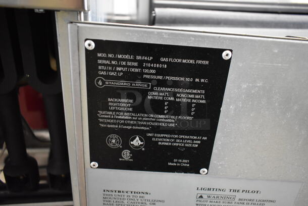 2021 Standard Range SR-F4-LP Stainless Steel Commercial Floor Style Propane Gas Powered Deep Fat Fryer w/ 2 Metal Fry Baskets. 120,000 BTU.  - Image 6 of 6