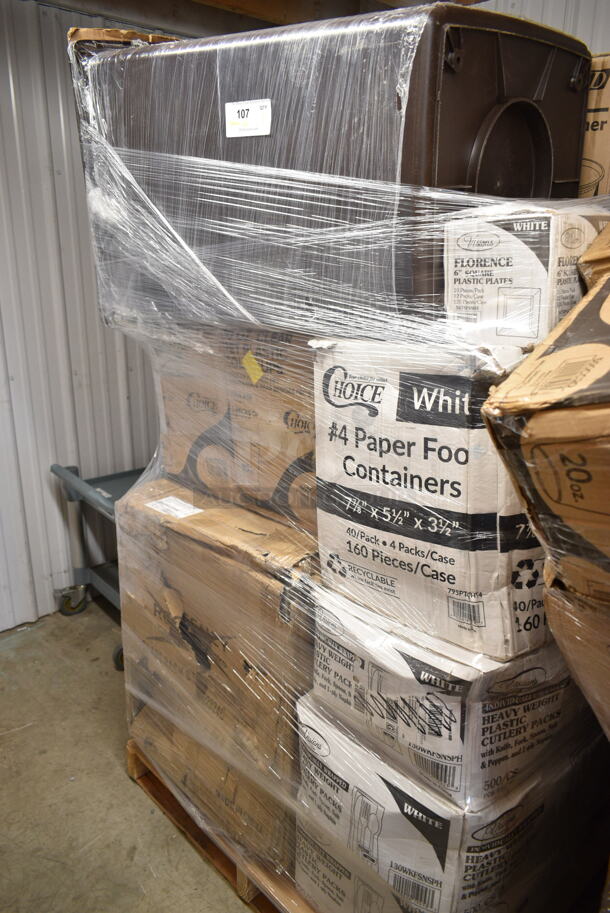 PALLET LOT of 20 BRAND NEW Boxes Including 2 Box 795PTOWHT4 Choice 7 7/8 x 5 1/2" x 3 1/2" White Microwavable Folded Paper #4 Take-Out Container - 160/Case, 3 Box 130WKFSNSPH Individually Wrapped Heavy Weight White Plastic Cutlery Pack with Napkin, 347SP6WH Visions Florence 6" Square White Plastic Plate - 120/Case, 2 Box 500CC10 Choice 10 oz. Clear PET Plastic Cold Cup - 1000/Case, 600GRSU2324C Regency Corrugated Top Glass Rack Storage Unit, Rubbermaid FG256B00BRN Glutton 56 Gallon Brown Square Trash Can. 20 Times Your Bid! - Image 1 of 9