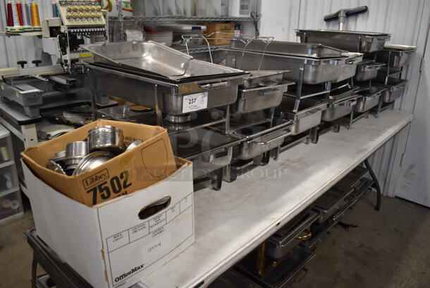 ALL ONE MONEY! Lot of 13 Various Metal Chafing Dishes w/ Drop In and Lid. Comes w/ Box of Chafing Dish Sterno Pieces
