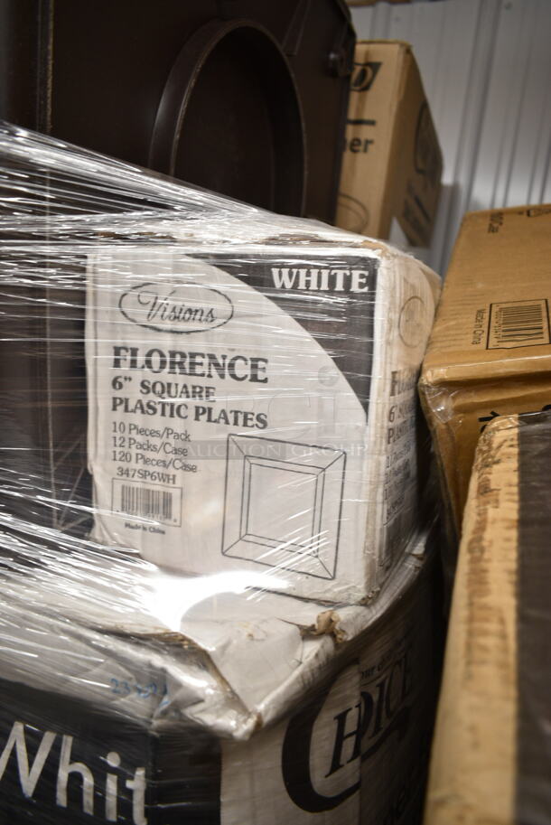 PALLET LOT of 20 BRAND NEW Boxes Including 2 Box 795PTOWHT4 Choice 7 7/8 x 5 1/2" x 3 1/2" White Microwavable Folded Paper #4 Take-Out Container - 160/Case, 3 Box 130WKFSNSPH Individually Wrapped Heavy Weight White Plastic Cutlery Pack with Napkin, 347SP6WH Visions Florence 6" Square White Plastic Plate - 120/Case, 2 Box 500CC10 Choice 10 oz. Clear PET Plastic Cold Cup - 1000/Case, 600GRSU2324C Regency Corrugated Top Glass Rack Storage Unit, Rubbermaid FG256B00BRN Glutton 56 Gallon Brown Square Trash Can. 20 Times Your Bid! - Image 3 of 9