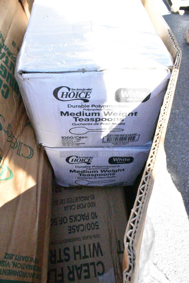 20 BRAND NEW Boxes Including 966UPWIDEB OneUp by Choice White 2-Ply Wide Interfold 6 1/2" x 8 1/2" Dispenser Napkin - 6000/Case, 433NHT108 Choice 1/6 Standard Size White "Happy Face" Heavy-Duty Plastic T-Shirt Bag - 500/Case, 2 Box 130WSPOON Choice Medium Weight White Plastic Teaspoon - 1000/Case, Dart C57PST1 ClearSeal Hinged Lid Plastic Container 6" x 5 13/16" x 3", 5002DNAP Choice White 2-Ply Dinner Napkin 17" x 15". 20 Times Your Bid!  - Image 9 of 12