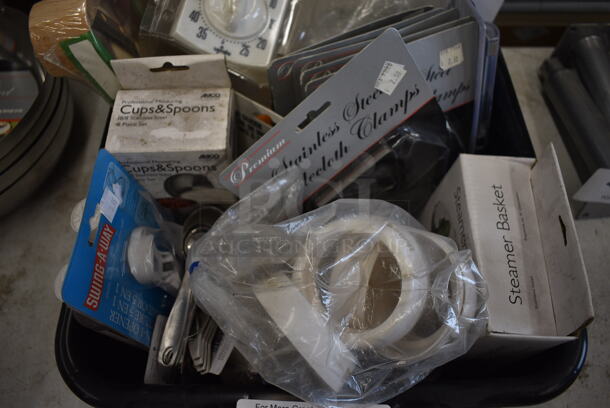 ALL ONE MONEY! Lot of Various BRAND NEW Items In Black Bus Bin Including Tablecloth Clamps, Measuring Cups and Timer - Image 2 of 5
