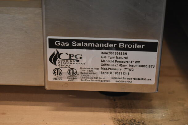BRAND NEW SCRATCH AND DENT! Cooking Performance Group CPG 351S36SBN Stainless Steel Commercial Natural Gas Powered Salamander Broiler Cheese Melter. 36,000 BTU. Tested and Working! - Image 4 of 8