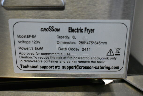 BRAND NEW SCRATCH AND DENT! 2024 Crosson EF-6V Stainless Steel Commercial Countertop Electric Powered Fryer w/ Metal Fry Basket and Lid. 120 Volts, 1 Phase. - Image 7 of 7