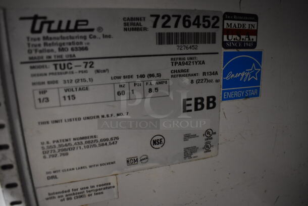 2011 True TUC-72 ENERGY STAR Stainless Steel Commercial 3 Door Undercounter Cooler on Commercial Casters. Missing 1 Caster. 115 Volts, 1 Phase. 72.5x30x35. Tested and Working! - Image 3 of 8