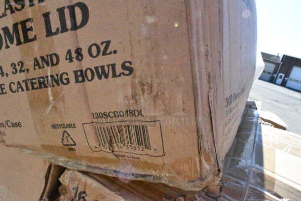 20 BRAND NEW Boxes Including 130SCB048DL Visions Clear PET Plastic Dome Lid for 24, 32, and 48 oz. Square Bowls - 300/Case, Herc 5014347M15 Lavex Li'l Herc 56 Gallon 1.5 Mil 43" x 47" Low Density Medium-Duty Black Can Liner / Trash Bag - 100/Case, 5001RT350N Lavex Natural Kraft Hardwound Paper Towel, 350 Feet / Roll - 12/Case, 3 Box 395RP09 EcoChoice Compostable Sugarcane / Bagasse 9" Plate - 500/Case, 433NHT101 Choice 1/6 Standard Size White "Thank You" Medium-Duty Plastic T-Shirt Bag - 1000/Case, 3 Box 760SOUP16WB Choice 16 oz. White Double Poly-Coated Paper Food Cup - 500/Case, Dart 16MJ20 16 oz. Medium Squat White Customizable Foam Food Container, 500TW5 Choice 5 oz. Translucent Thin Wall Plastic Cold Cup - 2500/Case. 20 Times Your Bid!  - Image 2 of 12