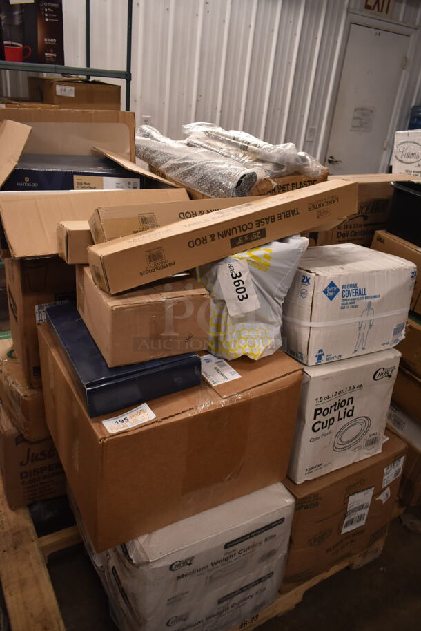 PALLET LOT of 27 BRAND NEW Boxes Including 3 Box Lancaster Table 164TCOLROD25 Lancaster Table & Seating 25 3/16" Standard Height Table Base Column and Rod, Waterloo 8" Center Faucet, 433NHTBIO EcoChoice 1/6 Standard Size Biodegradable Standard-Duty Plastic T-Shirt Bag - 500/Case, 2 Box Choice Medium Weight Cutlery Kits, 127PL2 Choice PET Plastic Lid for 1.5 to 2.5 oz. Souffle Cup / Portion Cup - 2500/Case, M1017-2X Malt Impact ProMax M1017-2XL White Microporous Zipper Front Long Sleeve Coveralls with Elastic Wrists and Ankles - 2XL, 3511470672 Cooking Performance Group 3511470672 U Type Burner Assembly CBL / CBL Countertop Charbroilers and G / GT Countertop Griddles, 129MCS28B Choice Black Rectangular Heavy Weight Container, 2 Box 130HSBK1M Visions Black Heavy Weight Plastic Teaspoon - Case of 1000, 500CC9 Choice 9 oz. Clear PET Customizable Plastic Squat Cold Cup - 1000/Case, 750DI1145SD 10" x 14" x 5" 18 Gauge Stainless Steel One Compartment Drop-In Sink. 27 Times Your Bid! - Image 1 of 12