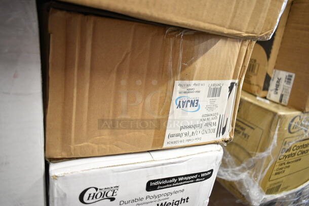 PALLET LOT of 40 BRAND NEW Boxes Including 66TALLFLDB 6" x 13" Dispenser Napkin, 394385L Disposable Latex Gloves for Foodservice, 129MCR38B Choice 38 oz. Black Round Microwavable Heavy Weight Container with Lid - 150/Case, 760IC08B Choice 8 oz. Blue Paper Frozen Yogurt / Food Cup - 1000/Case, 32130.0000 Air Pot, 2 Box 129MCS24B Choice 24 oz. Black Rectangular Microwavable Heavy Weight Container with Lid 8" x 5 1/4" x 2" - 150/Case, Choice 2 oz Portion Cup, 2 Box 3941083M Lavex Medium Gloves, 612LOB225LBC Choice 2.25 lb. Oblong Foil Take-Out Container with Board Lid - 250/Case, 4 Box 130SVSPN600 Visions 6 1/4" Flared Heavy Weight Silver Plastic Spoon - 600/Case, 130WSPOONWP White Spoon, Enjay White Embossed, 2 Box 129MCR38B Choice 38 oz. Black Round Microwavable Heavy Weight Container with Lid - 150/Case, 3 Box WTSB33 American Metalcraft WTSB33 31" Black Wood Folding Tray Stand with Black Straps, Enjay 10" White Embossed Plates, 500CC9 Choice 9 oz. Clear PET Customizable Plastic Squat Cold Cup - 1000/Case. 40 Times Your Bid! - Image 12 of 12