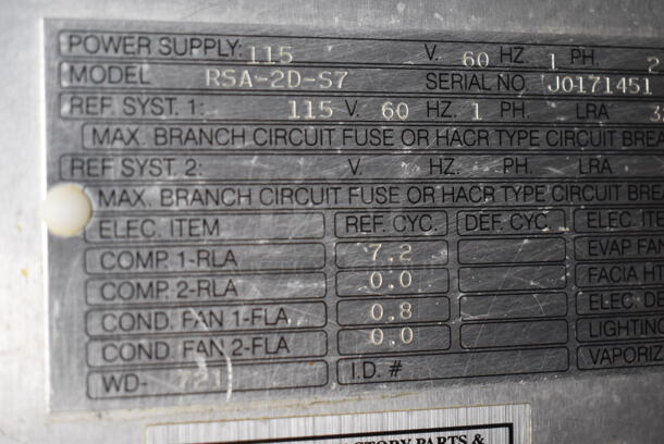 Victory RSA-2D-S7 Stainless Steel Commercial 2 Door Reach In Cooler on Commercial Casters. 115 Volts, 1 Phase. 52x36x83. Tested and Powers On But Does Not Get Cold - Image 5 of 9
