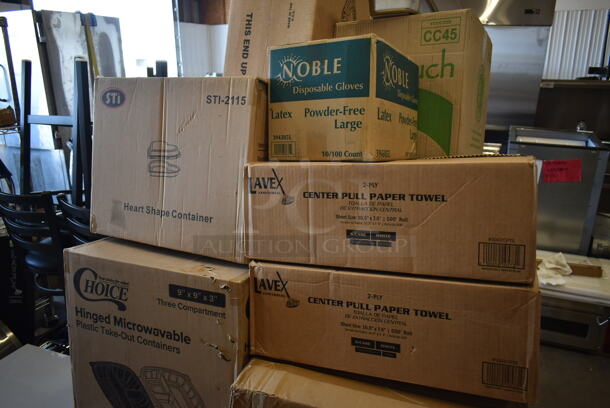 PALLET LOT of 25 BRAND NEW! Boxes Including CC45 EcoTouch 4.5 oz Cone Water Cups, 2 Box 5002CPTE Lavex 2-Ply White Center Pull Economy Paper Towel 510' Roll - 6/Case, 3 Box 500CFT Lavex White C-Fold Standard Weight Towel - 2400/Case, 129MCR24B ChoiceHD 8 oz. Microwavable Translucent Plastic Deli Container - 480/Case, 2 Box 129MCR32B Choice 32 oz. Black Round Microwavable Heavy Weight Container with Lid 7 1/4" - 150/Case, 3 Box 795PTOWHT2  Choice 7 3/4" x 5 1/2" x 2" White Microwavable Folded Paper #2 Take-Out Container - 200/Case, STI-2115 Heart Shape Container. 25 Times Your Bid! - Image 7 of 9