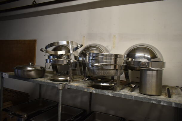 Chrome Finish 3 Tier Wire Shelving Unit w/ Contents Including Chafing Dishes. BUYER MUST REMOVE: BUYER MUST DISMANTLE. PCI CANNOT DISMANTLE FOR SHIPPING. PLEASE CONSIDER FREIGHT CHARGES. (hallway) - Image 2 of 4