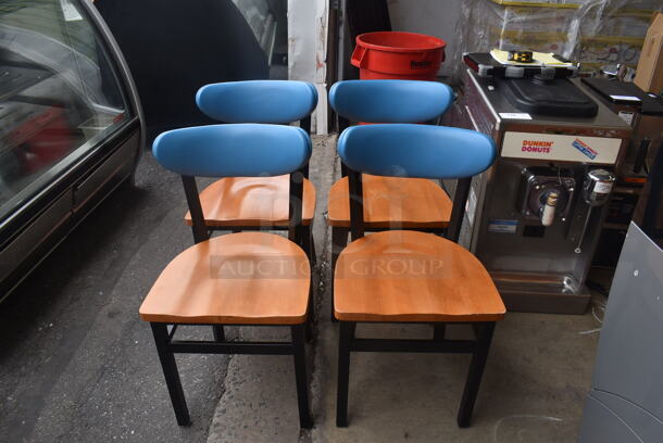4 Dining Chairs with Blue Padded Backs, Wood Seat and Black Metal Frame. Stock Picture - Cosmetic Condition May Vary. 4 Times Your Bid! - Image 1 of 3