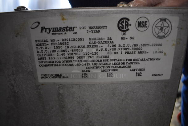 Frymaster FPH350SC Stainless Steel commercial Natural Gas Powered 3 Bay Deep Fat Fryer w/ 2 Metal Fry Baskets on Commercial Casters. 80,000 BTU. 47x32x47 - Image 6 of 10