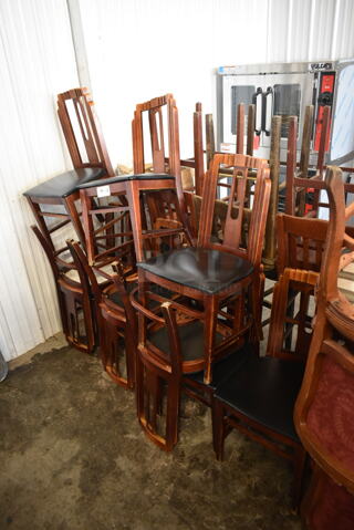 10 Wooden Dining Height Chairs w/ Black Seat Cushions. 10 Times Your Bid!