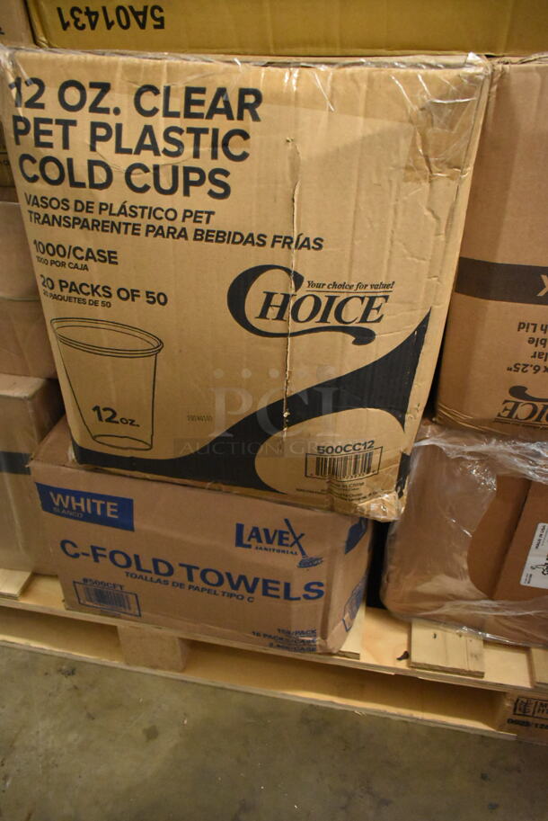 PALLET LOT of 25 BRAND NEW Boxes Including 433CARRIER Pulp Fiber 4 Cup Carrier, 394365M Noble Medium Gloves, 2 Box 128HD32BULK ChoiceHD 32 oz. Microwavable Translucent Plastic Deli Container - 480/Case, 5013858 Lavex Li'l Herc 55-60 Gallon 1.2 Mil 38" x 58" Low Density Medium-Duty Black Trash Bag / Can Liner - 100/Case, 129MCS38B Choice 38 oz. Black Rectangular Microwavable Heavy Weight Container with Lid 8 3/4" x 6 1/4" x 2" - 150/Case, 500CC12 Choice Clear PET Customizable Plastic Cold Cup - 12 oz. - 1000/Case, 500CFT Lavex White C-Fold Standard Weight Towel - 2400/Case, 127DM16BULK Choice 16 oz. Ultra Clear PET Plastic Round Deli Container - 500/Case, 129MCS28B Choice 28 oz. Black Rectangular Microwavable Heavy Weight Container with Lid 8 3/4" x 6 1/4" x 1 3/4" - 150/Case, 795PTOKFT3 Choice Kraft Microwavable Folded Paper #3 Take-Out Container 7 3/4" x 5 1/2" x 2 1/2" - 200/Case, 128HD12COMBO ChoiceHD 12 oz. Microwavable Translucent Plastic Deli Container and Lid Combo Pack - 240/Case, 274MBCKT26BK Lavex 26 Qt. Black Mop Bucket and Side Press Wringer Combo. 25 Times Your Bid!  - Image 10 of 12