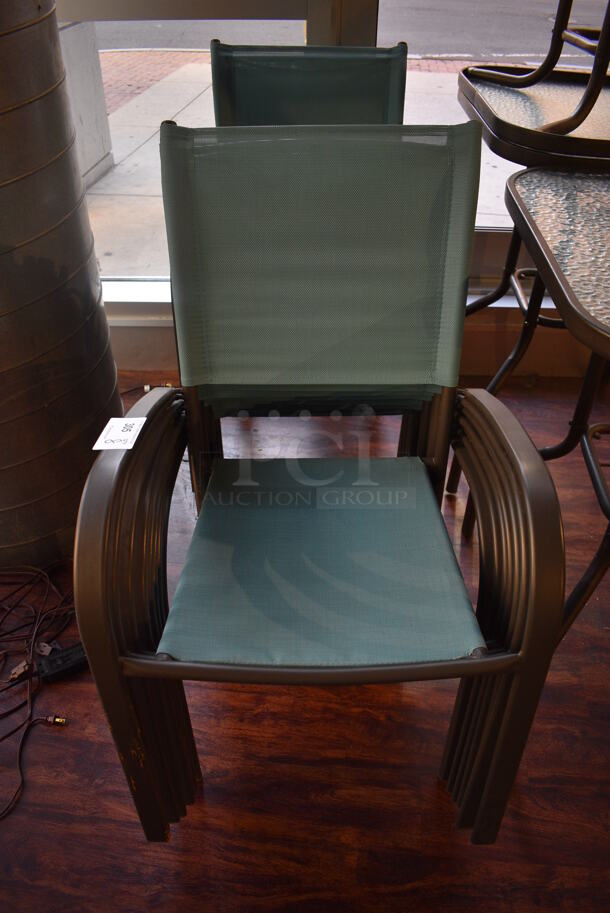 8 Brown Metal Outdoor Patio Chairs w/ Blue Seat and Arm Rests. 22x22x37. 8 Times Your Bid! (lounge)