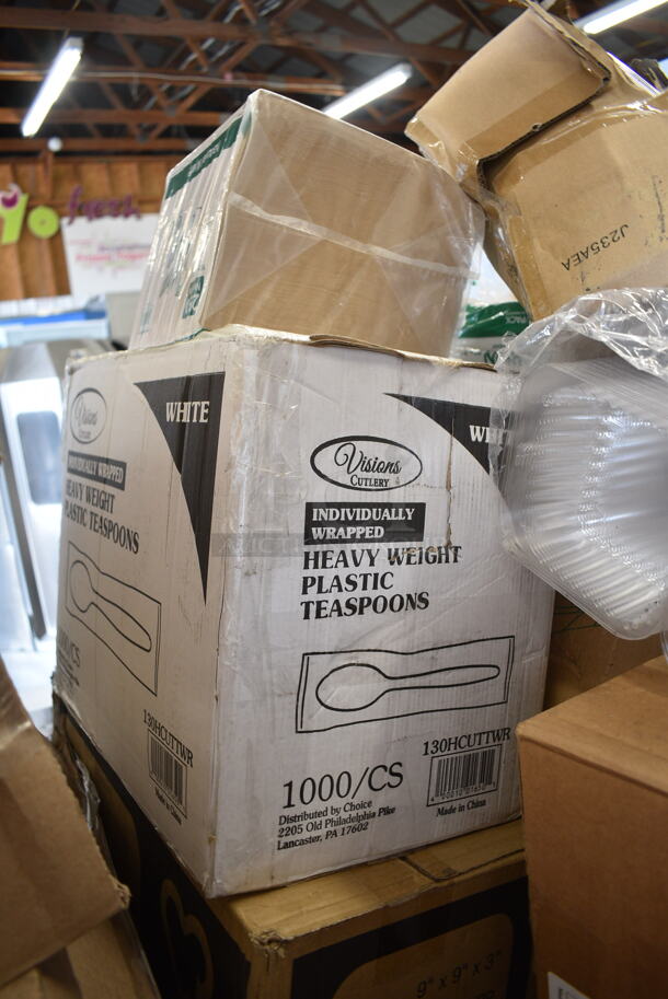 PALLET LOT of 35 BRAND NEW Boxes Including 128HD32COMBO ChoiceHD 32 oz. Microwavable Translucent Plastic Deli Container and Lid Combo Pack - 240/Case, 500L1020B Choice Black Hot Paper Cup Travel Lid for 10-24 oz. Standard Cups and 8 oz. Squat Cups, 999GDFRK25C Visions 7 1/4" Classic Heavy Weight Gold Plastic Fork - 25/Pack, 999GDKNF25C Visions 7 3/4" Classic Heavy Weight Gold Plastic Knife - 25/Pack, 999GDSPN25C Visions 6 3/4" Classic Heavy Weight Gold Plastic Spoon - 25/Pack, 500CC20 Choice Clear PET Customizable Plastic Cold Cup - 20 oz. - 600/Case, 130WHFKSX500 Choice White Extra Heavy Weight Wrapped Plastic Cutlery Pack - 500/Case, 347SLWG8 Visions 8 oz. Heavy Weight Clear Plastic Stemless Wine Glass - 64/Case, Libbey 92404 Infinium 12 oz. Tritan&#8482; Plastic Stackable Double Rocks / Old Fashioned Glass - 12/Case, 130HCUTTWR Berk 6 3/4" Individually Wrapped White Heavy Weight Plastic Teaspoon - 1000/Case, 43208500 Choice Black Beverage Napkins, 2 Box 129MCR16B Choice 16 oz. Black 6 1/4" Round Microwavable Heavy Weight Container with Lid - 150/Case, 500CFT Lavex White C-Fold Standard Weight Towel - 2400/Case, 5014046XXH Lavex Pro 45 Gallon 3 Mil 40" x 46" Low Density Heavy-Duty Industrial Contractor Black Trash Bag / Can Liner - 50/Case. 35 Times Your Bid!  - Image 11 of 12