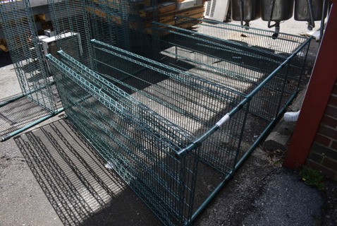 Green Finish 5 Tier Shelving Unit. Missing 2 Poles. BUYER MUST DISMANTLE. PCI CANNOT DISMANTLE FOR SHIPPING. PLEASE CONSIDER FREIGHT CHARGES. 60x24x87
